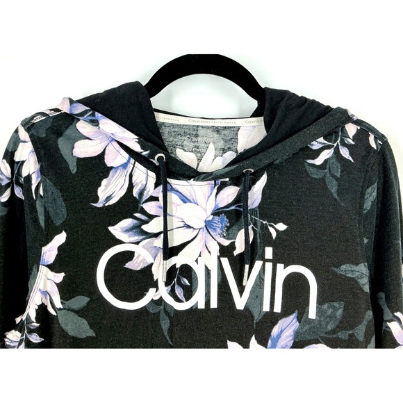 Calvin Klein Floral Hooded Top Size M Black Long Sleeve Lightweight Hoodie Y2K - Picture 6 of 12